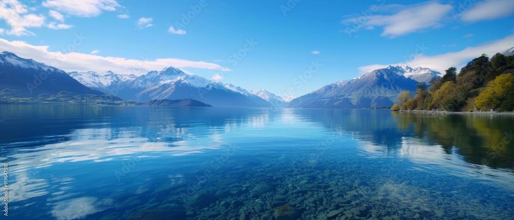 Naklejka premium A crystalline body of water nestled among mountains beneath a cobalt sky, dotted with fluffy white clouds and scattered with a few grey ones
