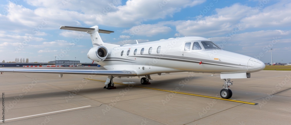  A white airplane atop the airport tarmac, beneath a blue sky studded with fluffy clouds