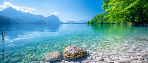  A large rock atop a rocky shore, adjacent to a body of water and towering mountains behind