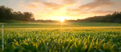  The sun sets over a golf course Grass dots the foreground Trees line the distant field's edge