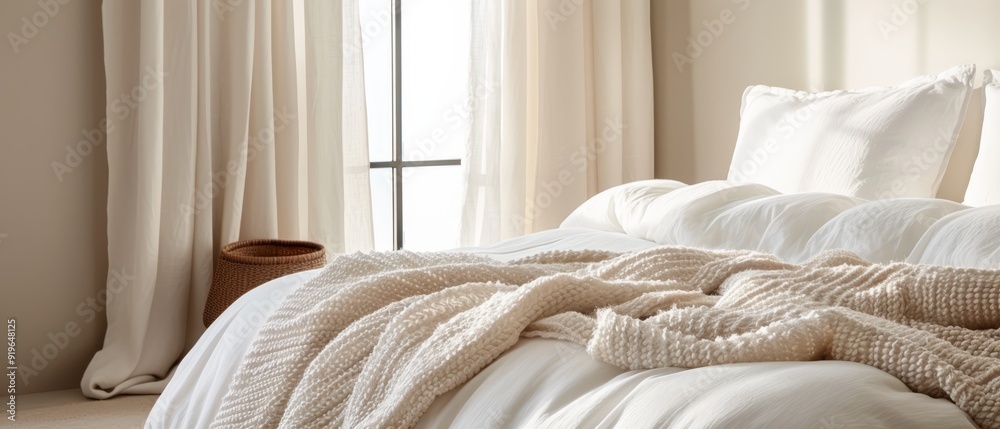 A window beside an unmade bed, covered with a white comforter and a white blanket A window beside an unmade bed, covered with a white comforter and a white blanket