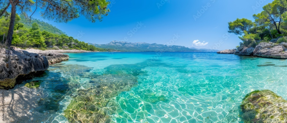  A crystal-clear blue lake encircled by trees, its shores lined with rocks; distant mountain range overlooking, all bathed in clear blue water