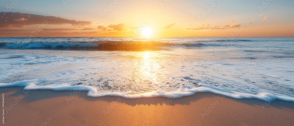 Obraz premium The sun sets over the ocean, a wave approaches the shore, and a rock juts from the water