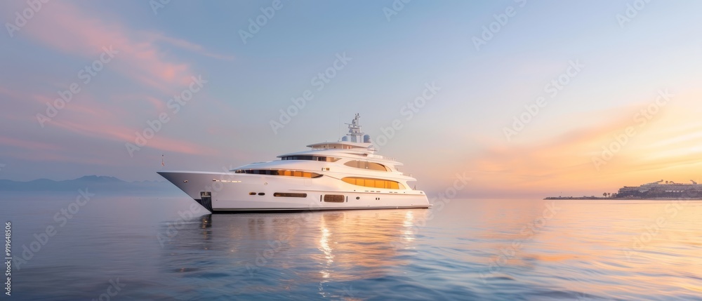 A large white boat floats in the midst of a tranquil body of water during sunset, with a distant castle silhouetted against the fiery sky A large white boat floats in the midst of a tranquil body of water during sunset, with a distant castle silhouetted against the fiery sky