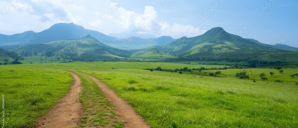 Fototapeta premium A dirt path cuts through a grassy field, leading the eye to a distant mountain range