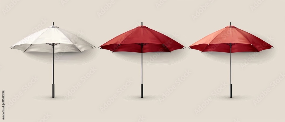 Obraz premium Three umbrellas aligned atop a wooden pole, against a wall