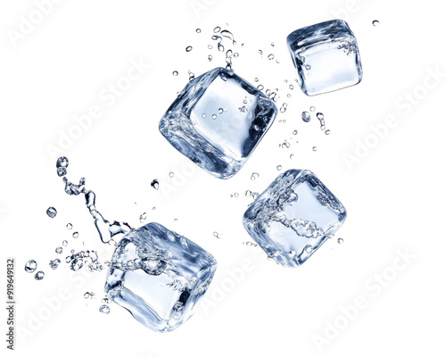 Ice cubes and water splash with bubbles isolated on a transparent background