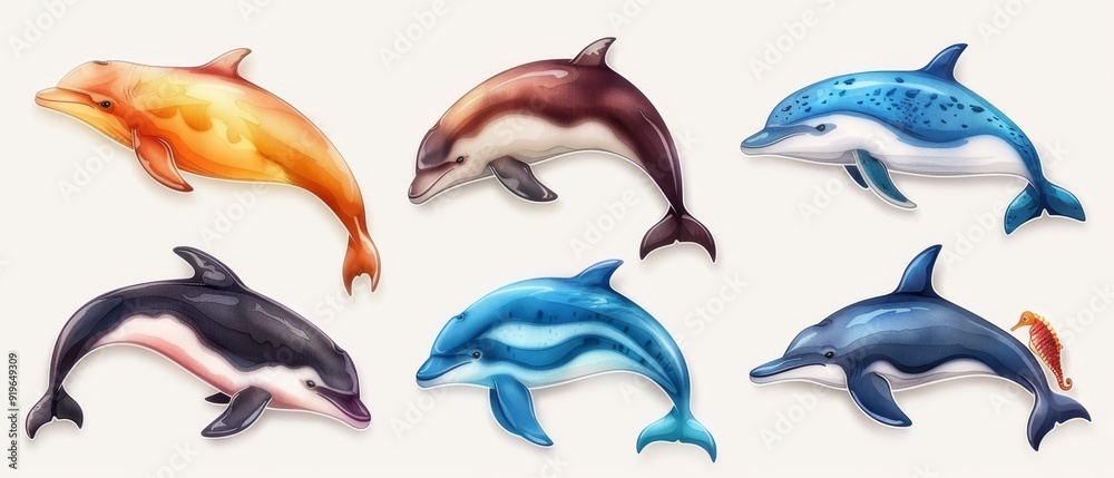 A group of dolphins with contrasting colors, appearing against a white background