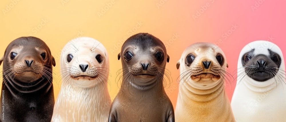 Fototapeta premium A group of sea lions positioned together against a pink and yellow backdrop