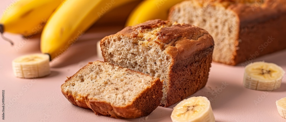 A sliced loaf of banana bread on a pink countertop, surrounded by banana slices and a cluster of bananas A sliced loaf of banana bread on a pink countertop, surrounded by banana slices and a cluster of bananas