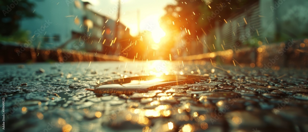 A scissors pair on the ground amidst rain, sun shining behind trees A scissors pair on the ground amidst rain, sun shining behind trees