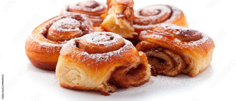A stack of cinnamon buns rests atop a pristine white counter, accompanied by a mound of powdered sugar A stack of cinnamon buns rests atop a pristine white counter, accompanied by a mound of powdered sugar