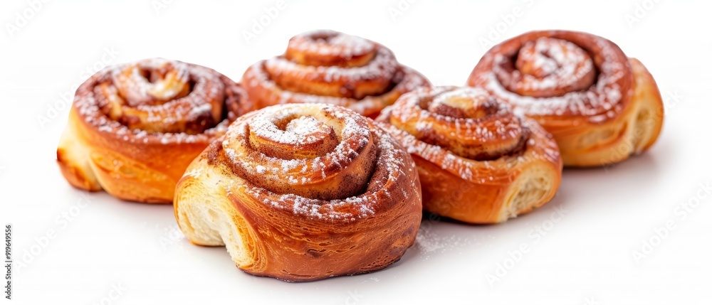  A collection of cinnamon buns stacked on a pristine white surface, dusted with powdered sugar