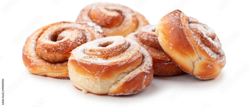  A stack of cinnamon buns atop a pristine white counter, adjacent a mound of powdered sugar
