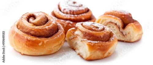  A stack of cinnamon buns sits atop a pristine white counter, neighboring a mound of doughnuts