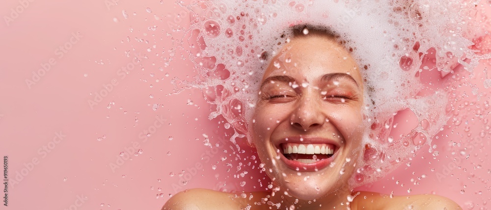 A woman with closed eyes and blowing hair, encircled by bubbles escaping from her face A woman with closed eyes and blowing hair, encircled by bubbles escaping from her face