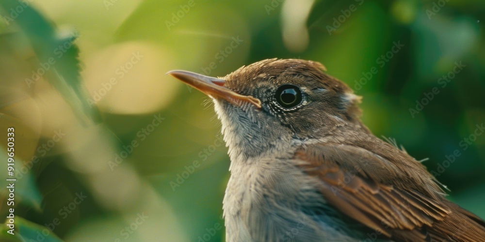 Fototapeta premium A small bird with feathered wings perched on a green surface, surrounded by natural vegetation.