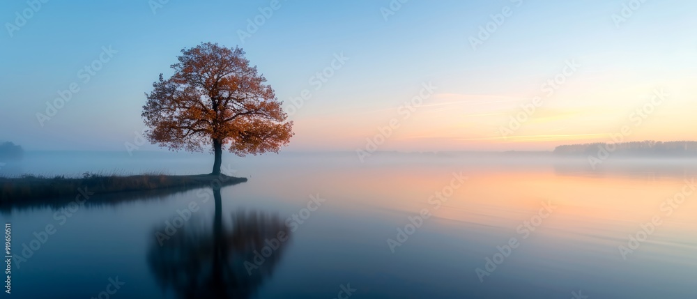 A solitary tree on an islet in the heart of a fog-enshrouded lake, as sunlight fades in the distant horizon A solitary tree on an islet in the heart of a fog-enshrouded lake, as sunlight fades in the distant horizon