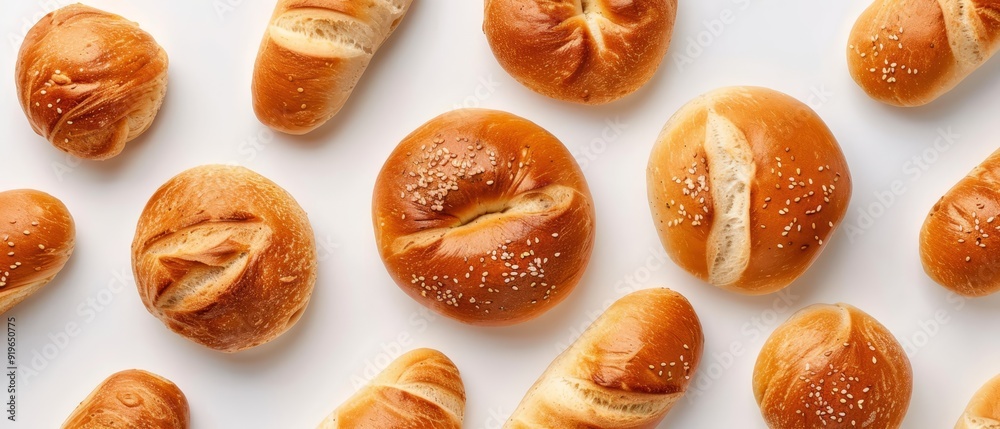 A tight shot of assorted breads against a white backdrop, garnished with sesame seeds A tight shot of assorted breads against a white backdrop, garnished with sesame seeds