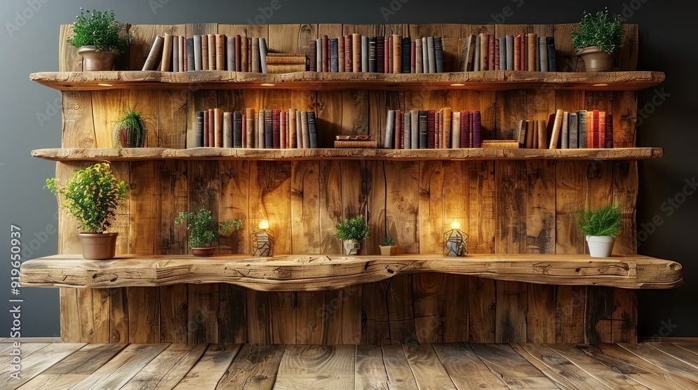 Rustic Wooden Bookshelf with Warm Lighting Rustic Wooden Bookshelf with Warm Lighting