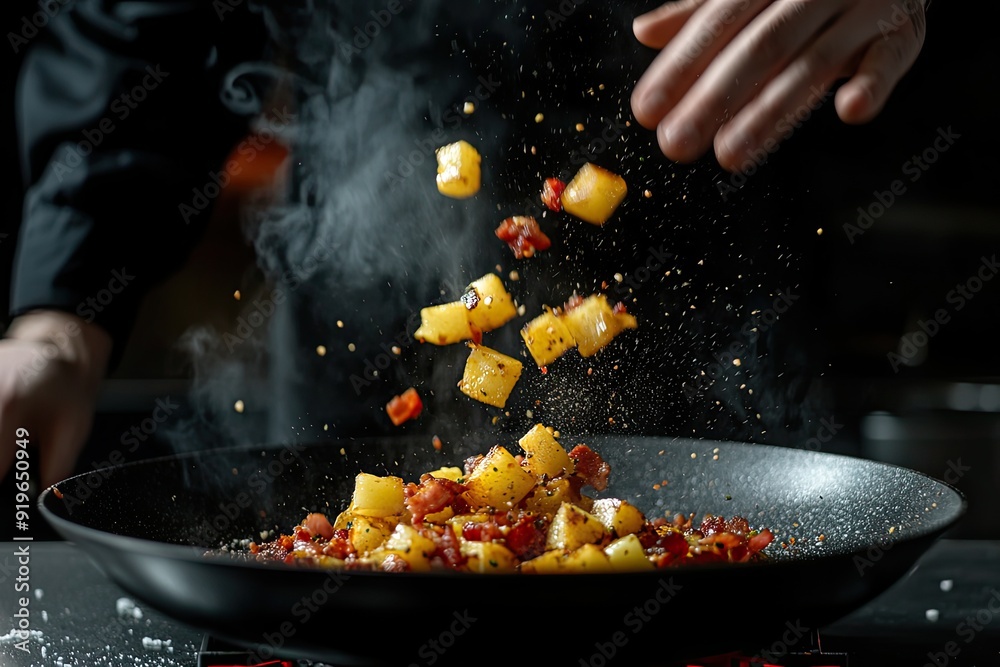 Professional chef hand in black uniform throws up frying mix above the pan on dark background Professional chef hand in black uniform throws up frying mix above the pan on dark background