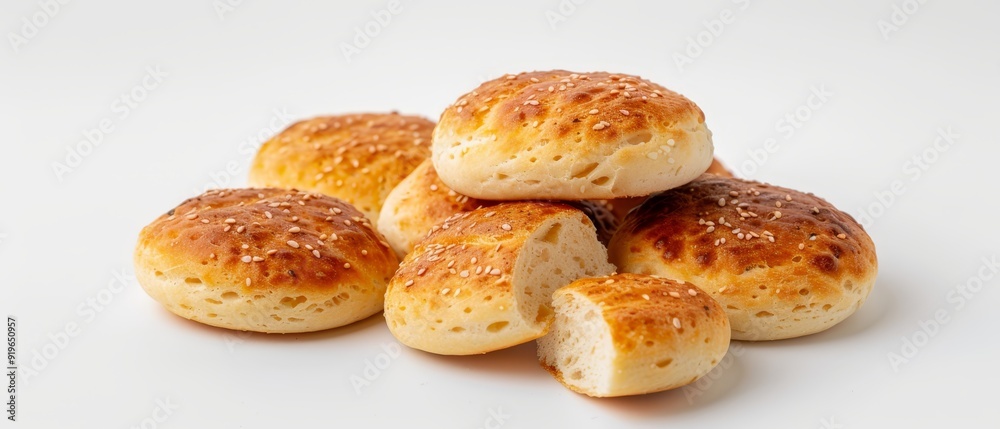 A stack of bread buns atop a white table, aligned next to one another A stack of bread buns atop a white table, aligned next to one another