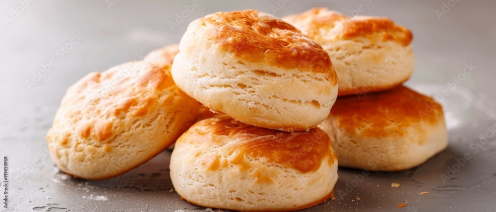 A metal pan holds a stack of biscuits, each topped with flaky pastry powder A metal pan holds a stack of biscuits, each topped with flaky pastry powder