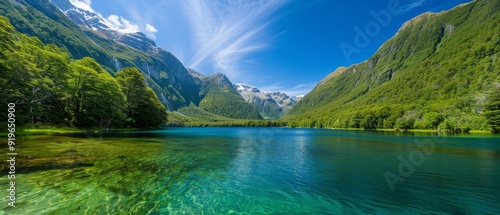  A tranquil body of water nestled between lush, green mountains and a crystal-clear blue sky dotted with wispy clouds