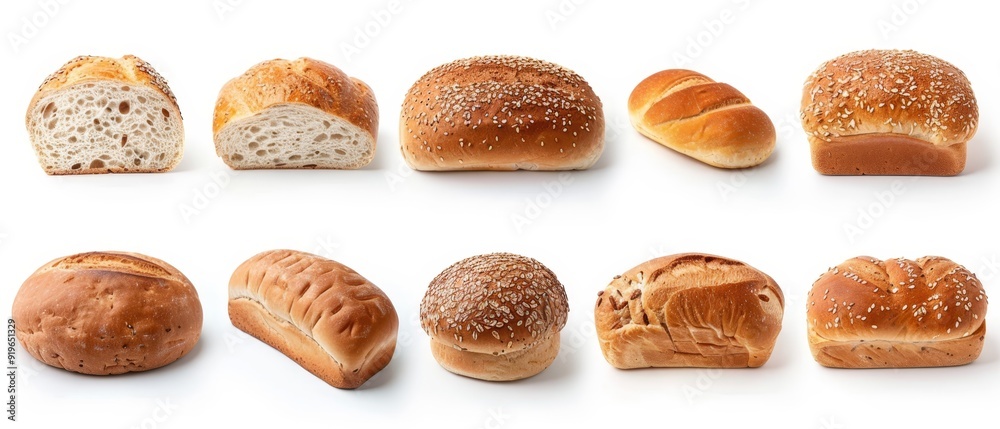 A variety of loaves of bread against a clean white backdrop . A variety of loaves of bread against a clean white backdrop .