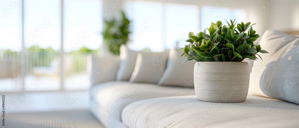 A potted plant atop a white couch in the living room, nearby pillows and a window A potted plant atop a white couch in the living room, nearby pillows and a window