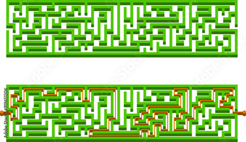 Green isometric simple garden maze with solution. 3d long rectangular labyrinth in perspective lying on the white background. Vector illustration. Light difficulty. Modern geometric concept.