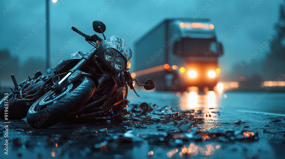 A motorcycle is laying on the road next to a truck. The scene is dark and rainy. Generative AI A motorcycle is laying on the road next to a truck. The scene is dark and rainy. Generative AI