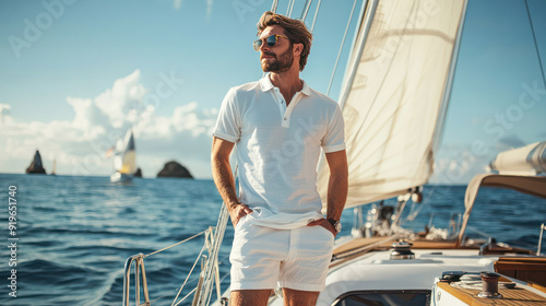 a man, wearing shorts and polo shirt standing on a sailboat. Generative AI
