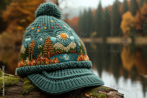 Beautiful green knitted hat with a pattern lies against the background of bokeh nature and autumn forest.