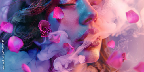 a beautiful woman with long hair, smoking, letting out smoke filled with rose petals from her mouth, with pink and blue lighting effects, colorful lighting