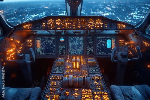 detailed view of a modern aircraft cockpit hightech displays and controls illuminate the flight deck showcasing advanced avionics and autopilot systems photo