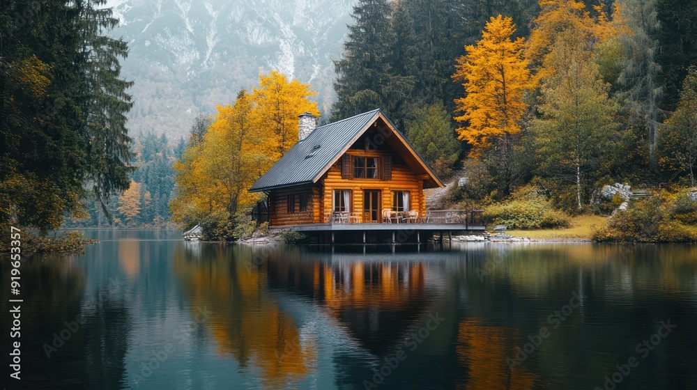 Fototapeta premium A small cabin sits on a lake surrounded by trees. The cabin is wooden and has a rustic feel. Generative AI