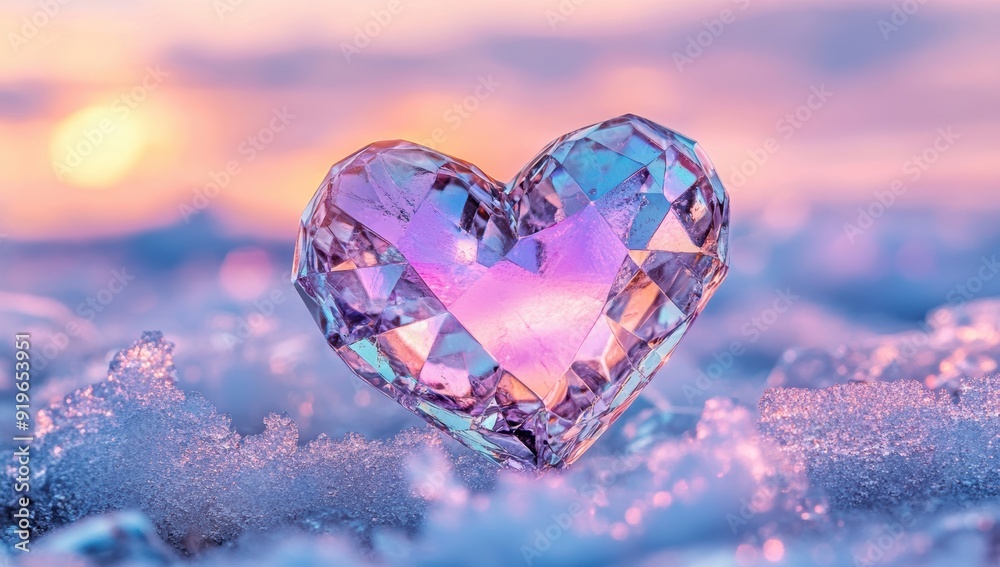 A captivating crystal heart shimmering on snow, reflecting soft pastel colors under a dreamy sunset. A captivating crystal heart shimmering on snow, reflecting soft pastel colors under a dreamy sunset.