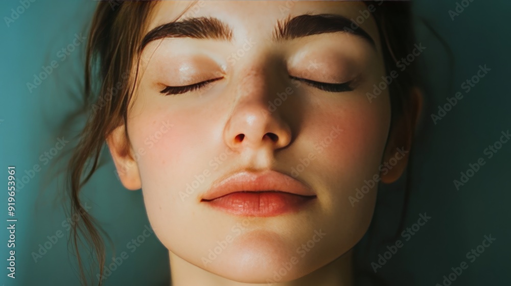 Fototapeta premium Serene Repose: The Gentle Beauty of a Woman's Face with Closed Eyes