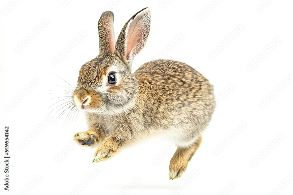 Fototapeta premium Rabbit hopping and twitching nose isolated on a white background