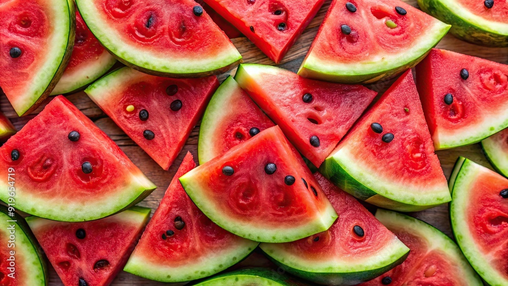 Top view of juicy and fresh watermelon slices with seeds Top view of juicy and fresh watermelon slices with seeds