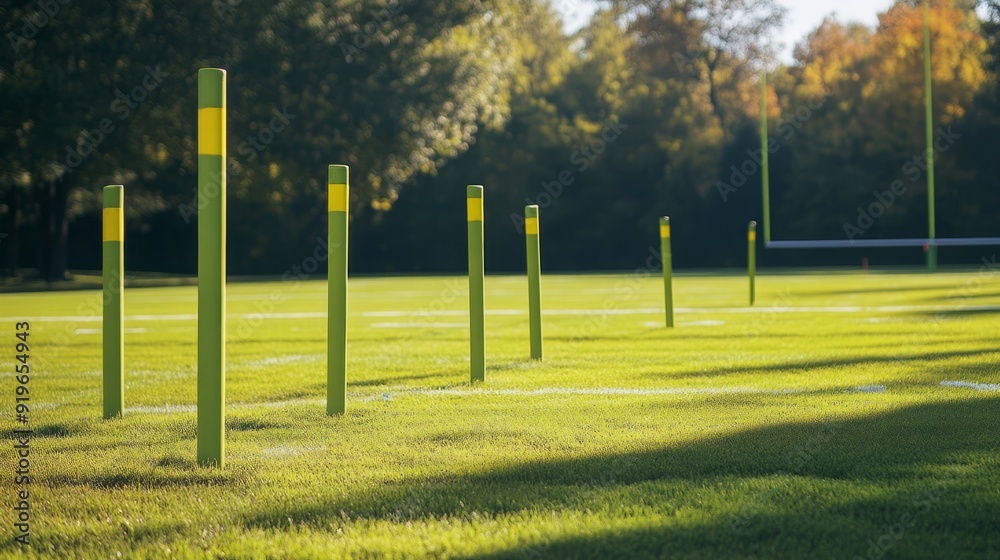 Fototapeta premium Vibrant Football Field: Green Yard Markers Lead to the Goal Line and Endzone in a Game of Competition and Strategy