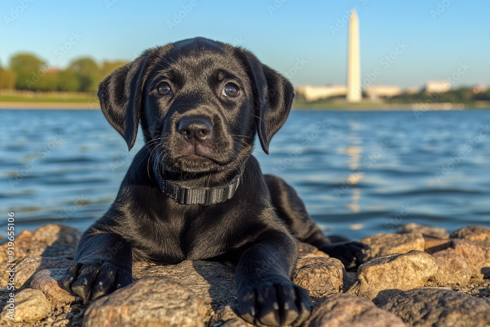 Washington Dc Dog. Adorable Labrador Retriever Puppy Relaxing at Tidal Basin with Washington Monument in Background Washington Dc Dog. Adorable Labrador Retriever Puppy Relaxing at Tidal Basin with Washington Monument in Background