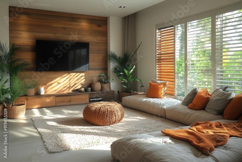 earthy modern living room warmtoned furniture natural fabrics wooden tv wall soft sunlight filtering through blinds cozy yet sophisticated ambiance blend of textures and organic elements photo