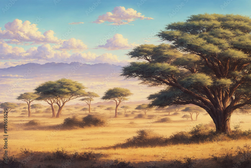 sunset in the serengeti with gorgeous trees and shrubs and yellow grassland landscape sunset in the serengeti with gorgeous trees and shrubs and yellow grassland landscape