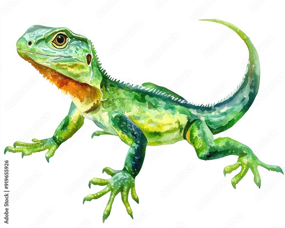 Fototapeta premium Watercolor Lizard - Closeup of a Green Tropical Lizard with Isolated Head and Tail on White Background