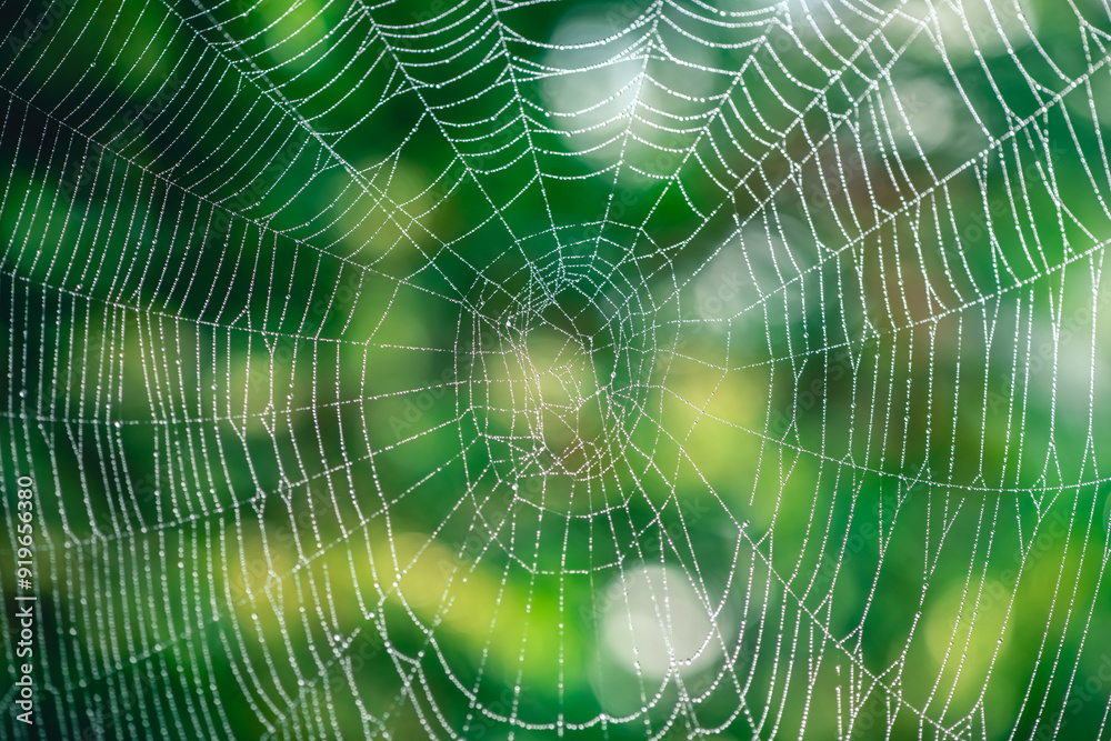 natural background. cobwebs in dew drops on a green plant natural background. cobwebs in dew drops on a green plant