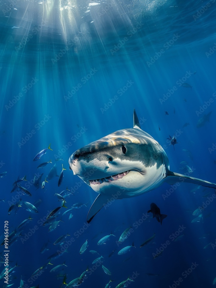 Obraz premium A shark swimming underwater, with rays of sunlight shining through the water surface. Shark in the deep blue ocean