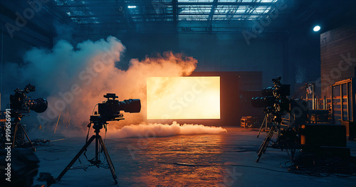 Film Set with Smoke and Cameras. photo