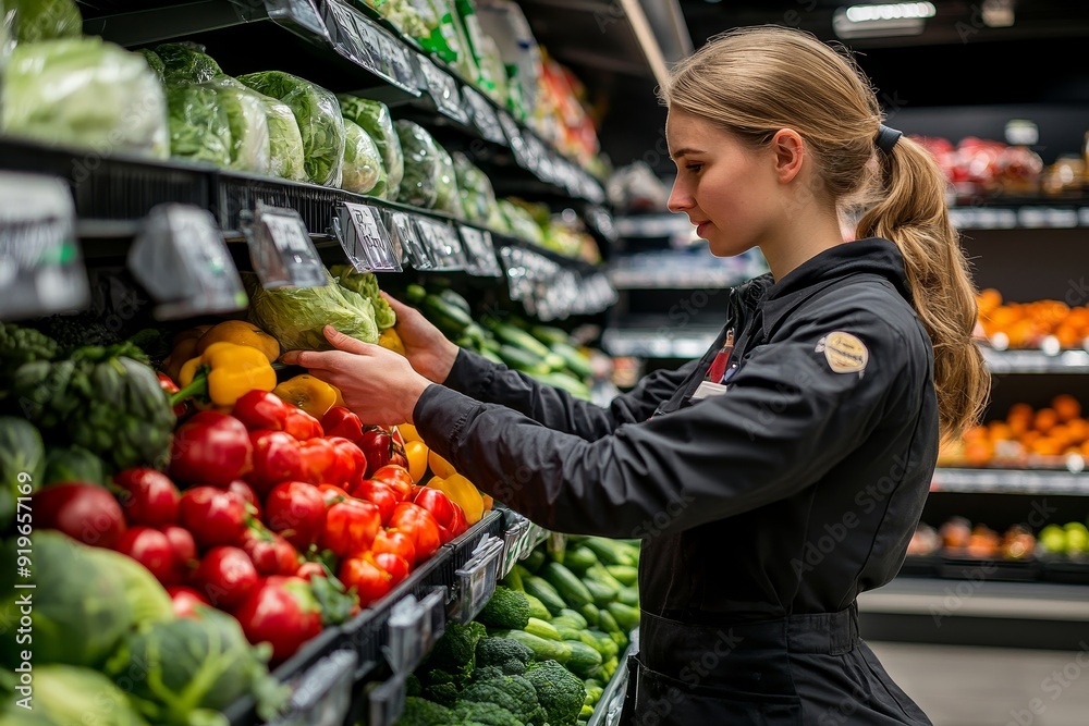 Shop assistant restocking the produce section shelves, Generative AI Shop assistant restocking the produce section shelves, Generative AI